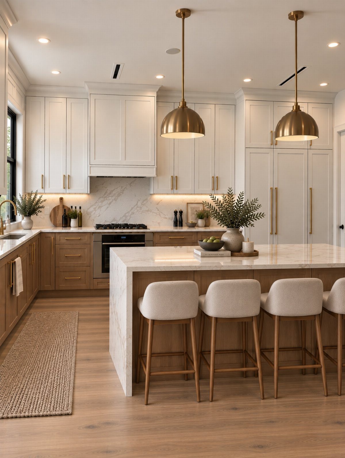 White upper kitchen cabinets and marble island with gold pendant lighting and stools.