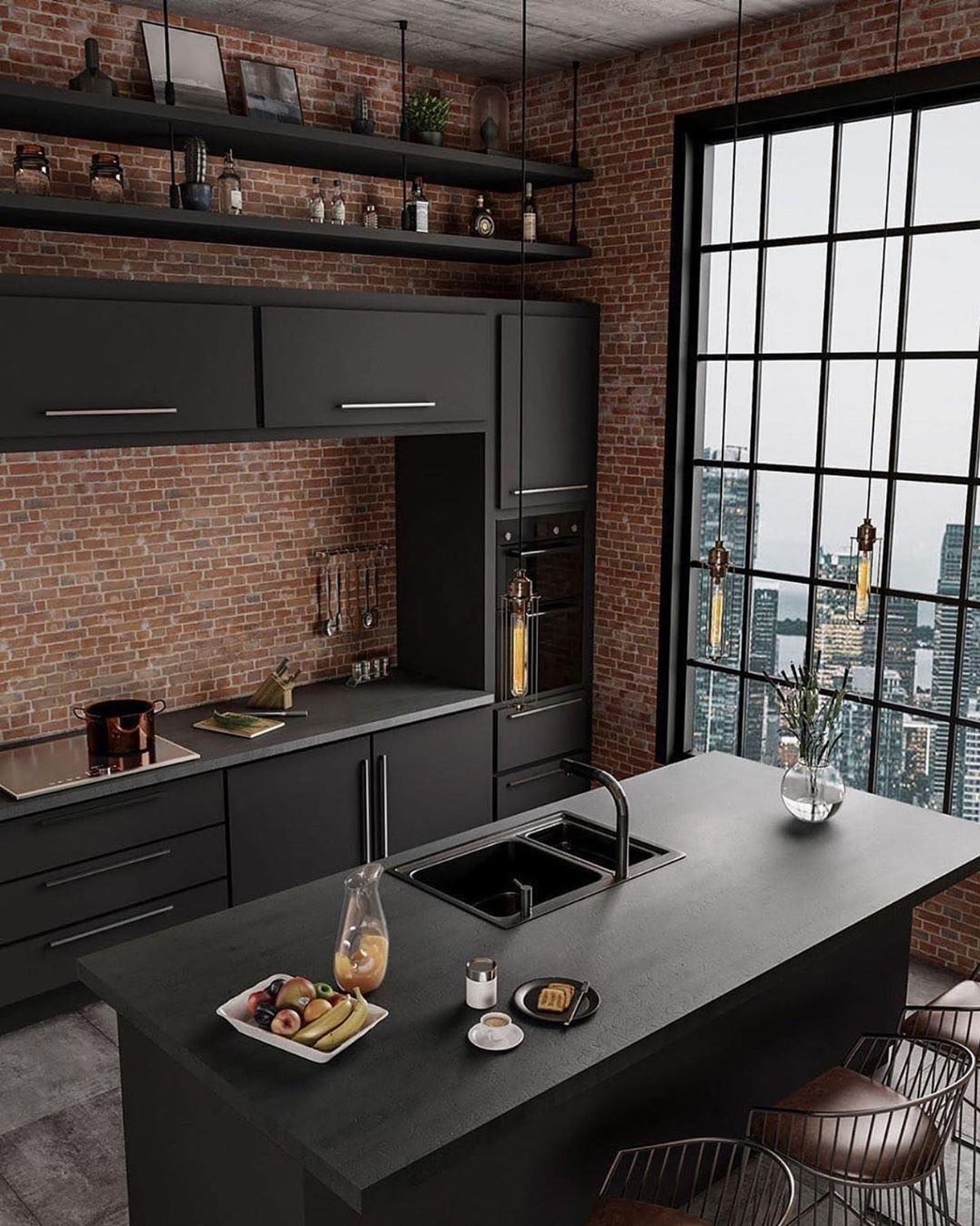 Modern kitchen with matte black cabinets, exposed red brick walls, and large grid window.