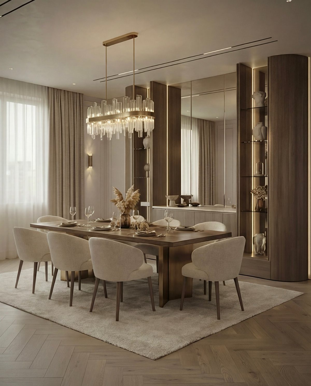 Modern dining area with wooden table, beige chairs, and a crystal chandelier.