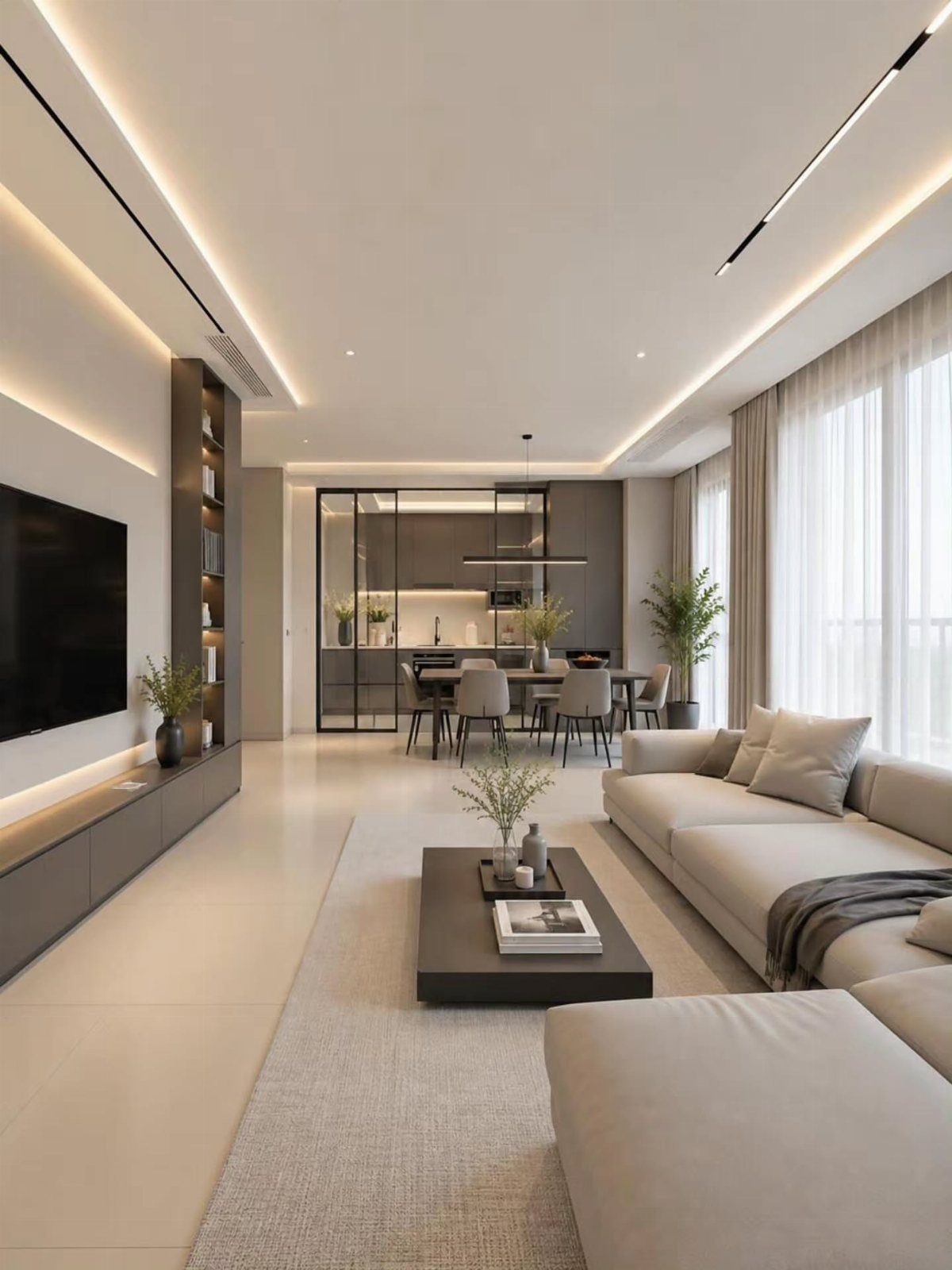 Modern living room with neutral beige and grey tones and open floor plan