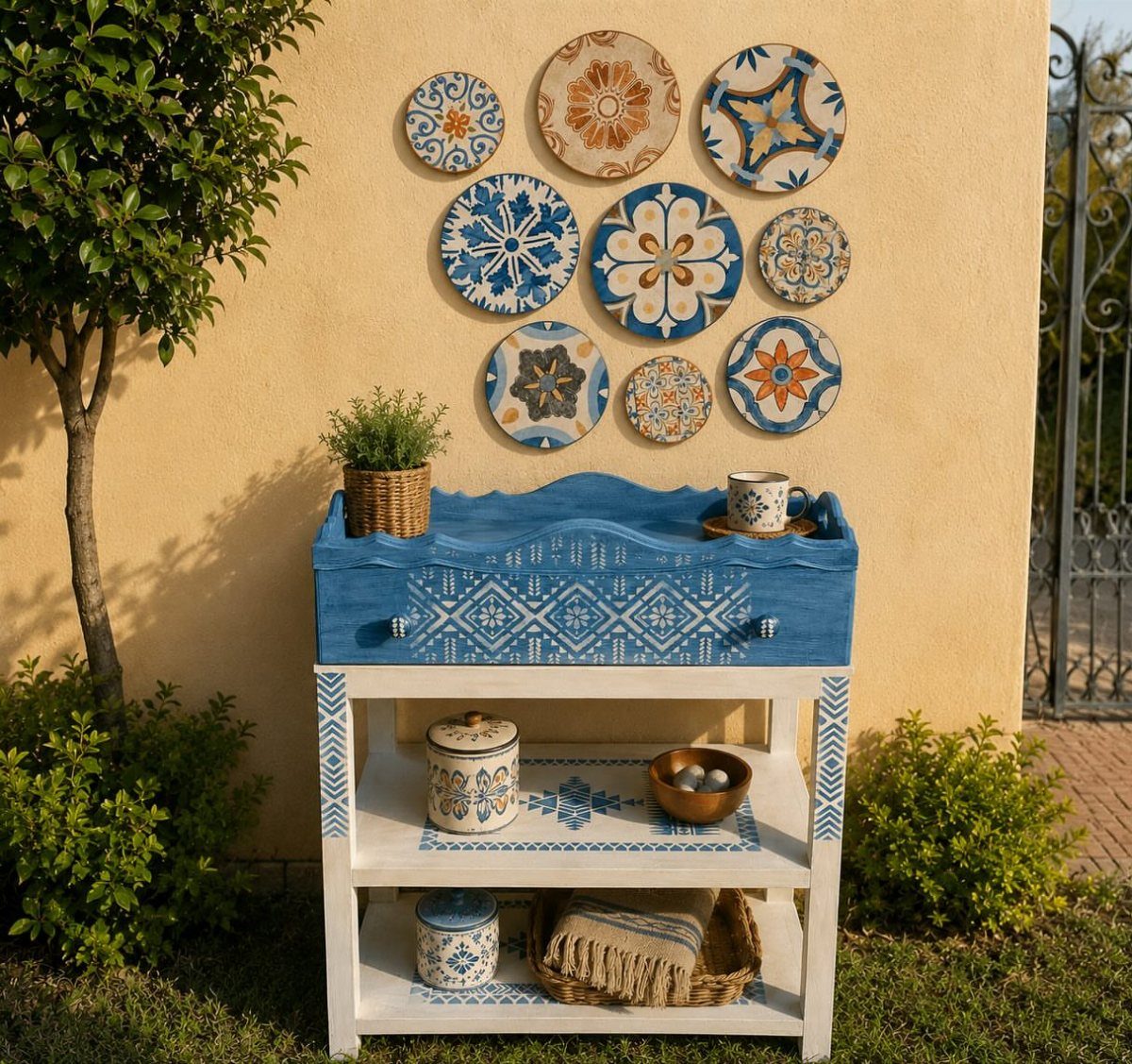 Blue patterned console table with decorative ceramic plates mounted on a yellow wall.