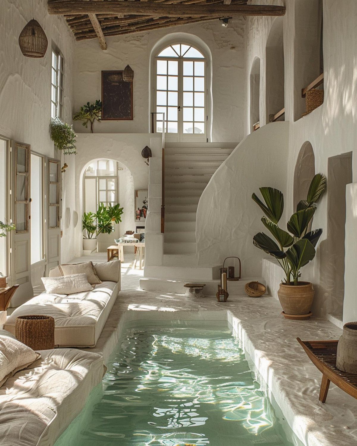Indoor pool in a white Mediterranean room with arched windows and curved stairs