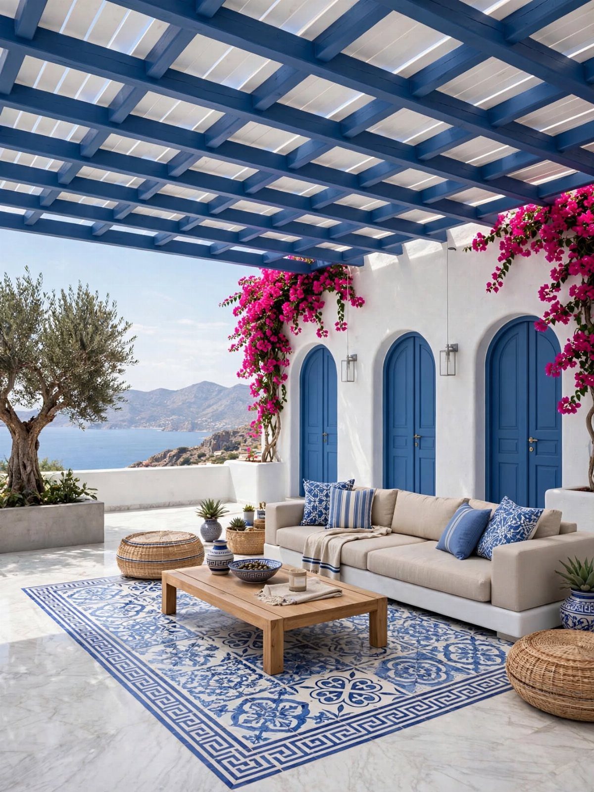Mediterranean patio with blue pergola, beige sofa, and blue patterned rug overlooking the sea
