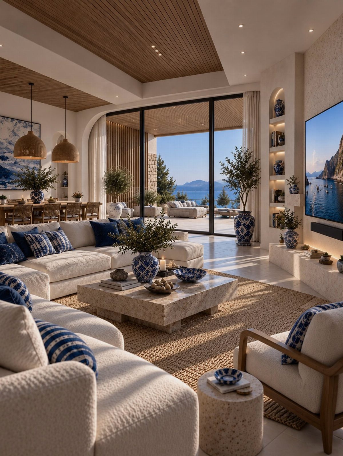 Modern living room with white sofas, blue patterned cushions, and Mediterranean ceramic decor.