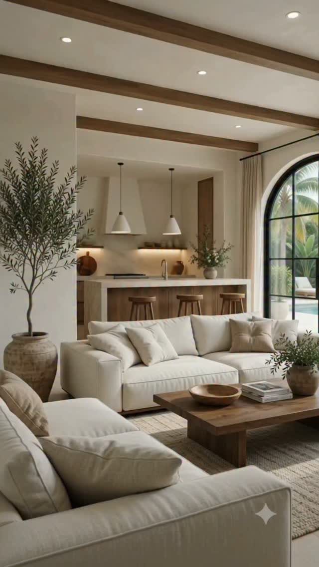 Modern Mediterranean living room with cream sofas, wooden beams, and an arched window.