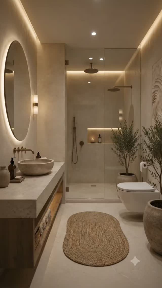 Modern spa-inspired bathroom with stone sink, backlit mirror, and potted olive trees.