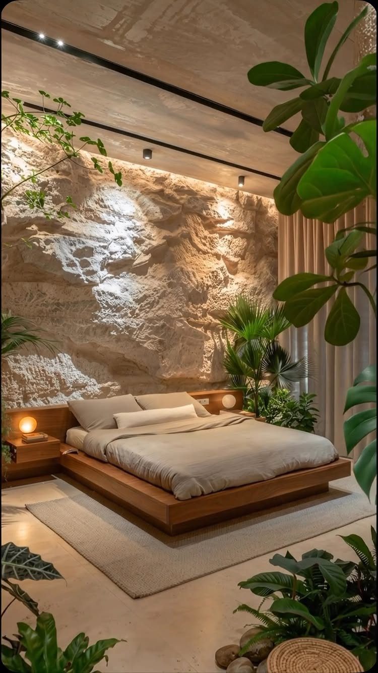 Modern bedroom with a low wooden bed against a textured natural rock wall.