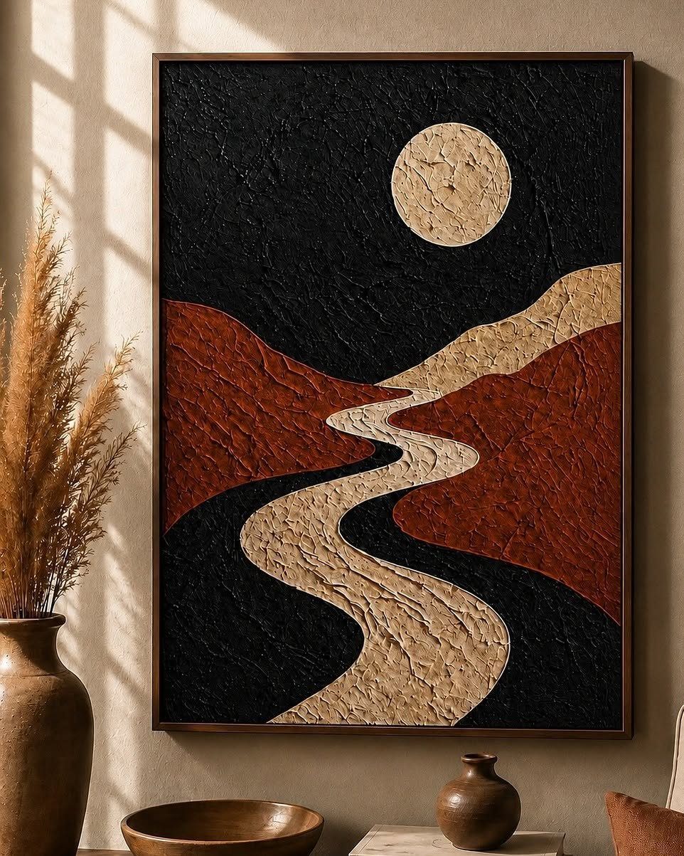 Textured abstract landscape painting with a winding path and moon on a beige wall
