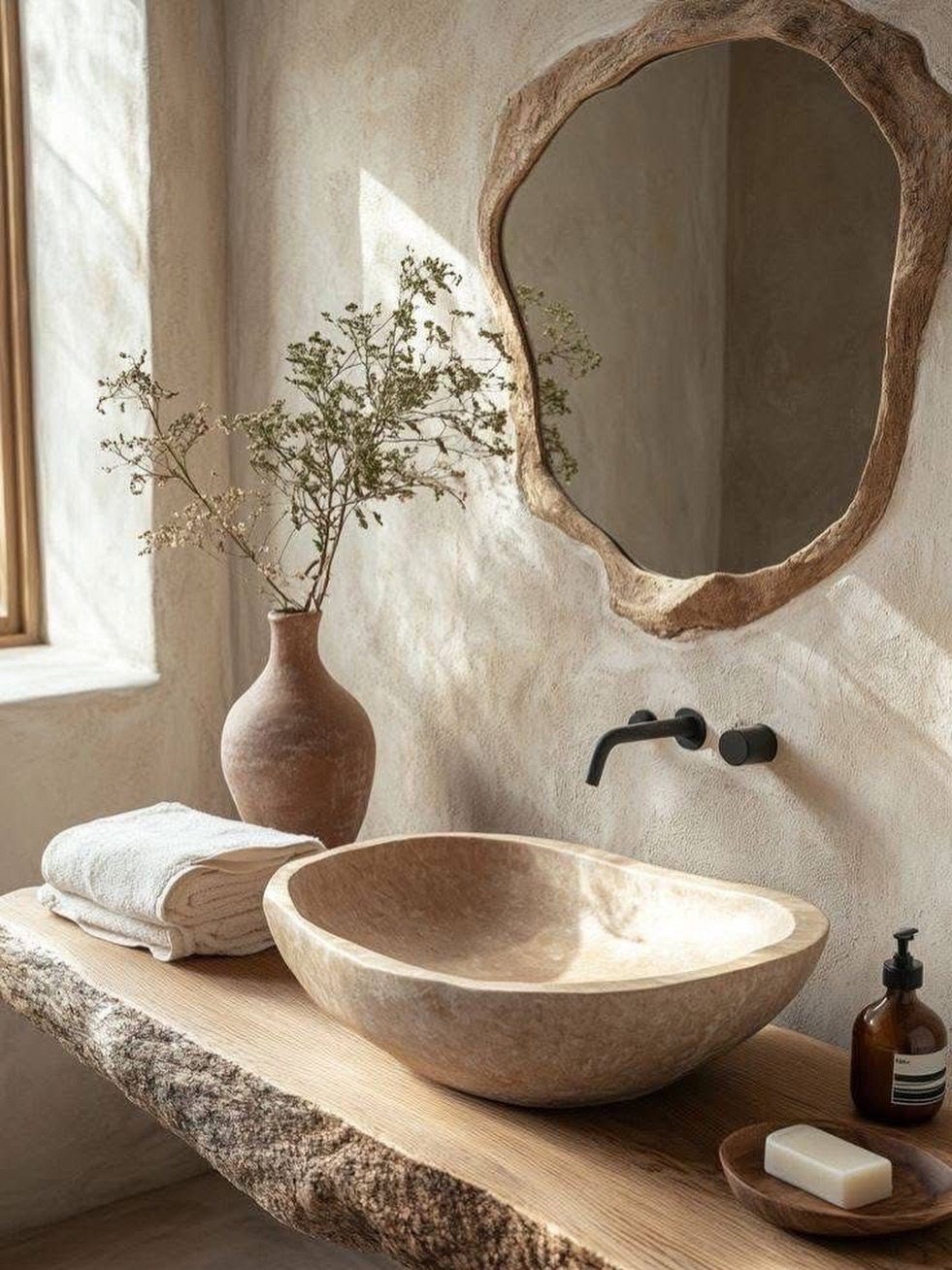 Stone vessel sink on a live-edge wooden counter in a modern organic bathroom.