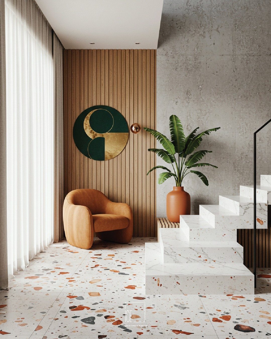 White terrazzo flooring with colorful chips in a modern room with curved furniture.