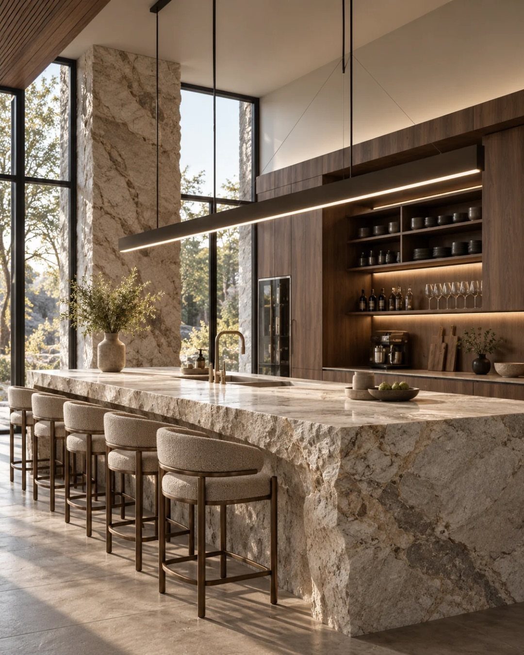 Travertine stone kitchen island with bar stools in a modern organic interior design