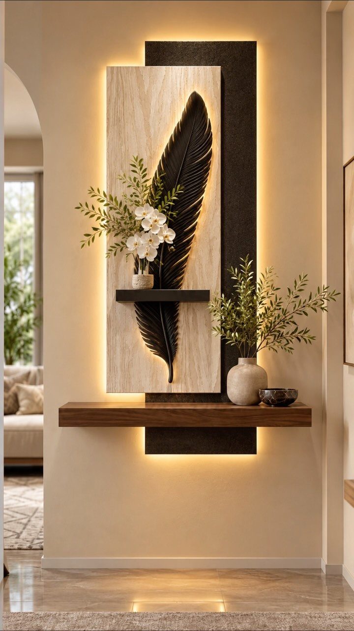 Wall-mounted decorative panel with a black feather sculpture and warm backlit ambient lighting.