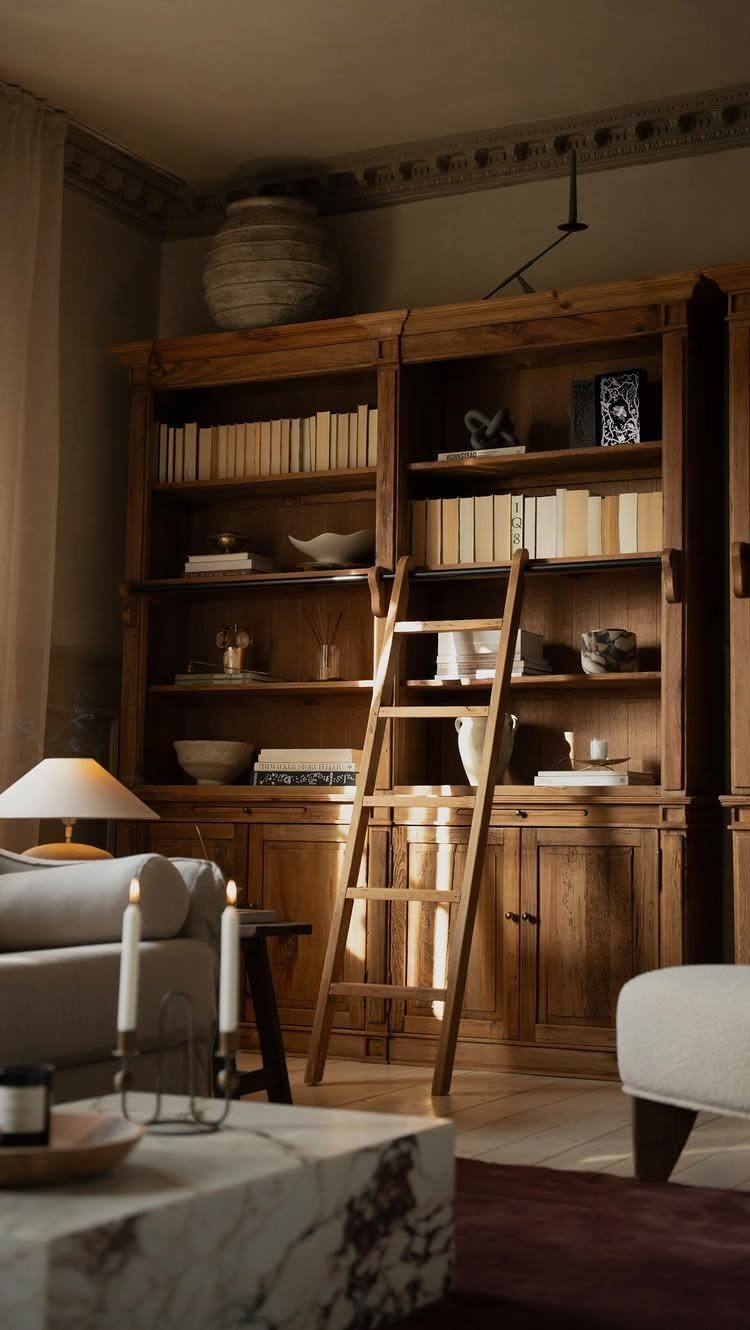 Wooden built-in bookshelf with a library ladder in a warm, modern organic living room.