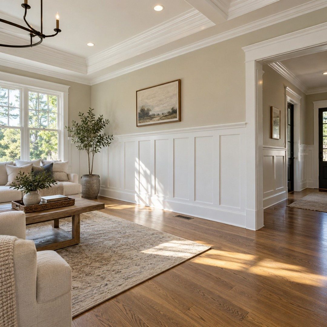 White board-and-batten wall paneling in a bright living room with hardwood floors.