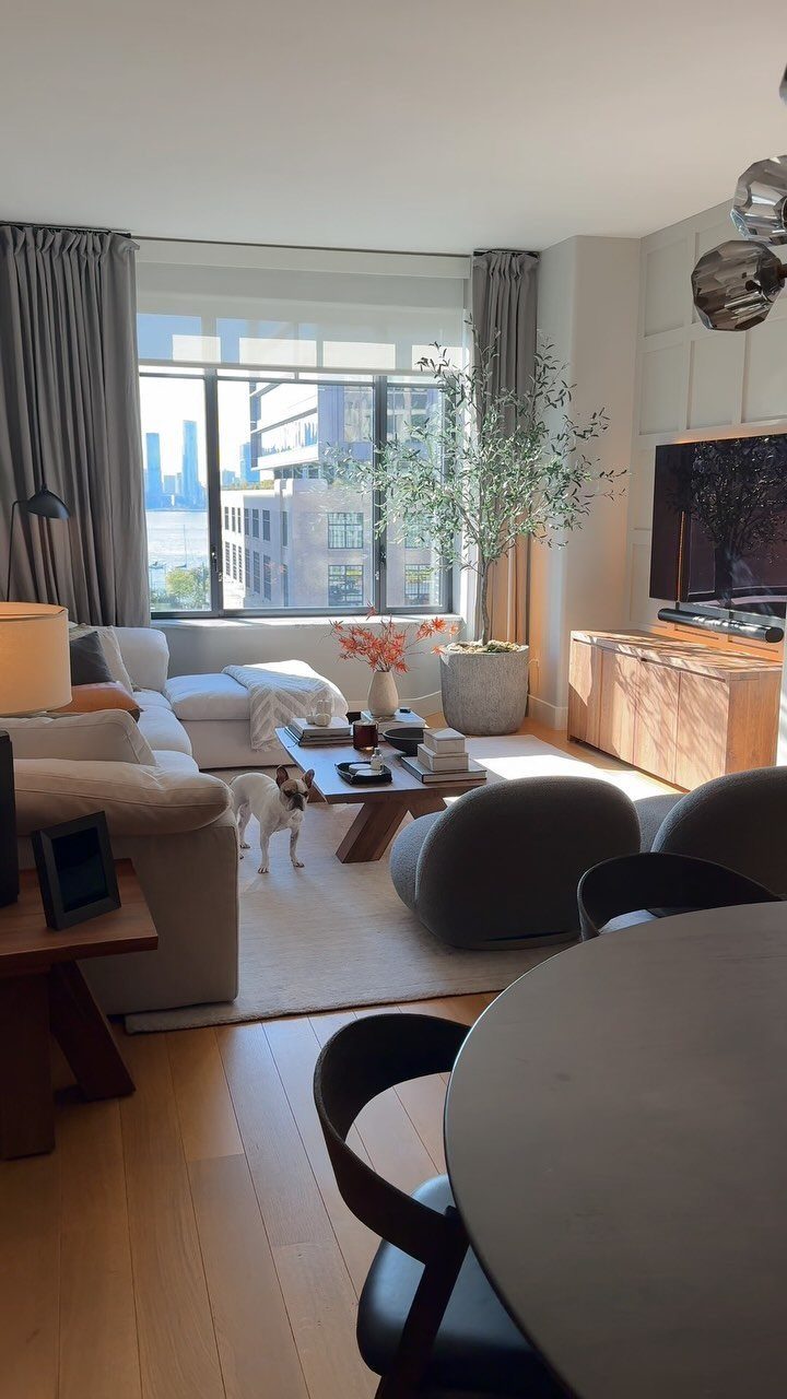 Modern living room with light wood flooring, white sofa, and streamlined wooden furniture.