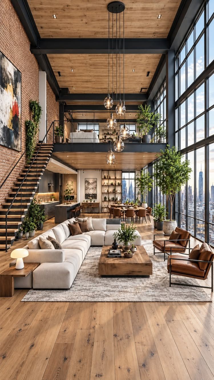 Industrial loft interior with large black-framed windows overlooking a city skyline.