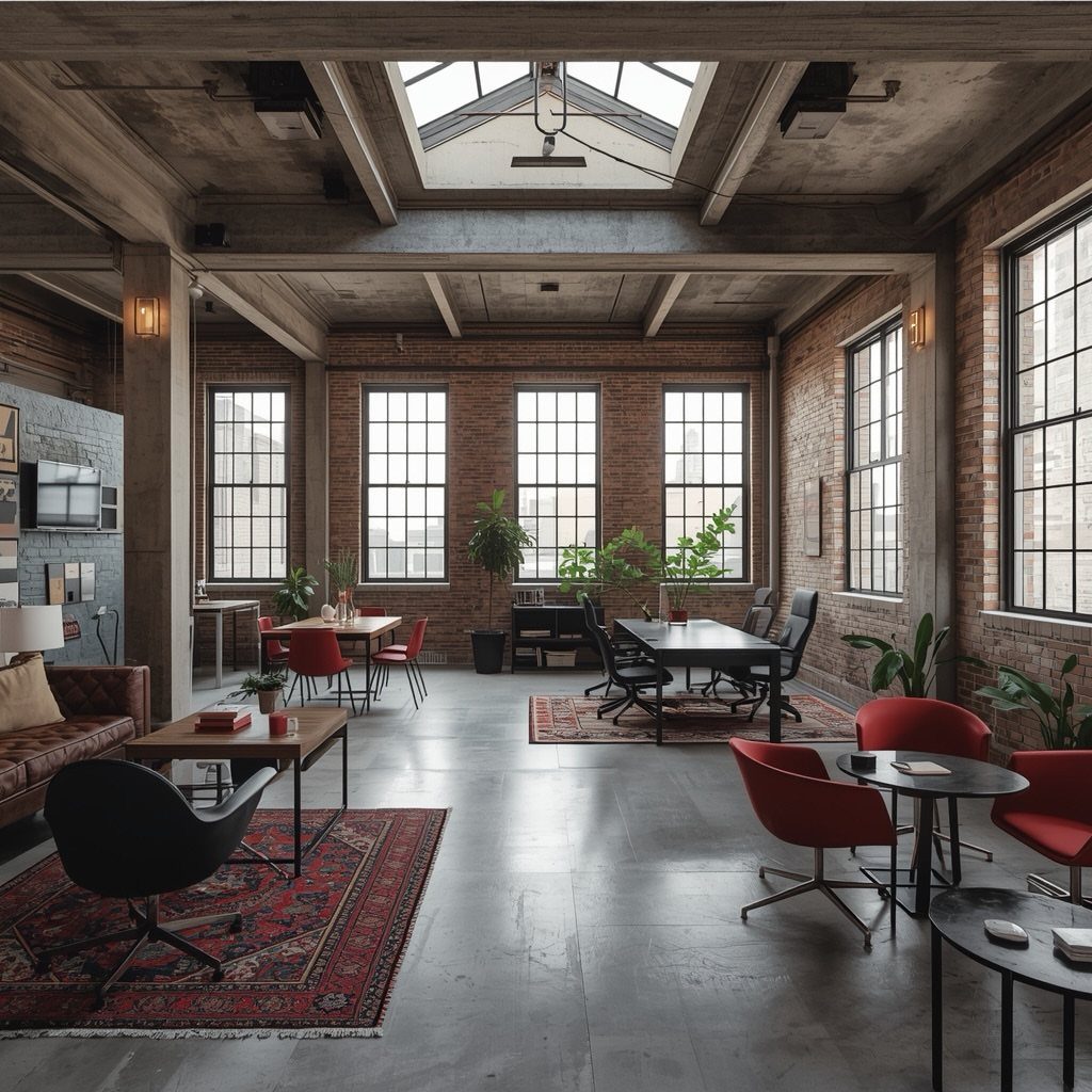 Industrial loft interior with exposed brick walls, concrete floors, and large black windows.