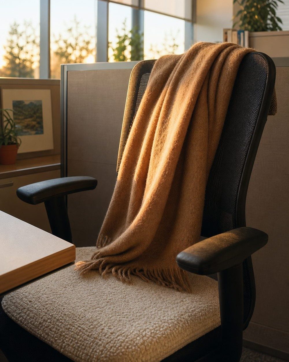 Black office chair with a brown throw blanket and beige cushion in a cubicle