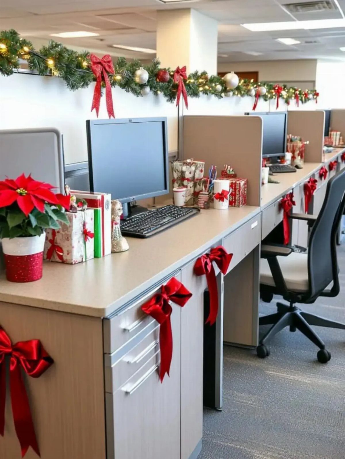 Office cubicles decorated for Christmas with red bows, poinsettia, and festive garland.