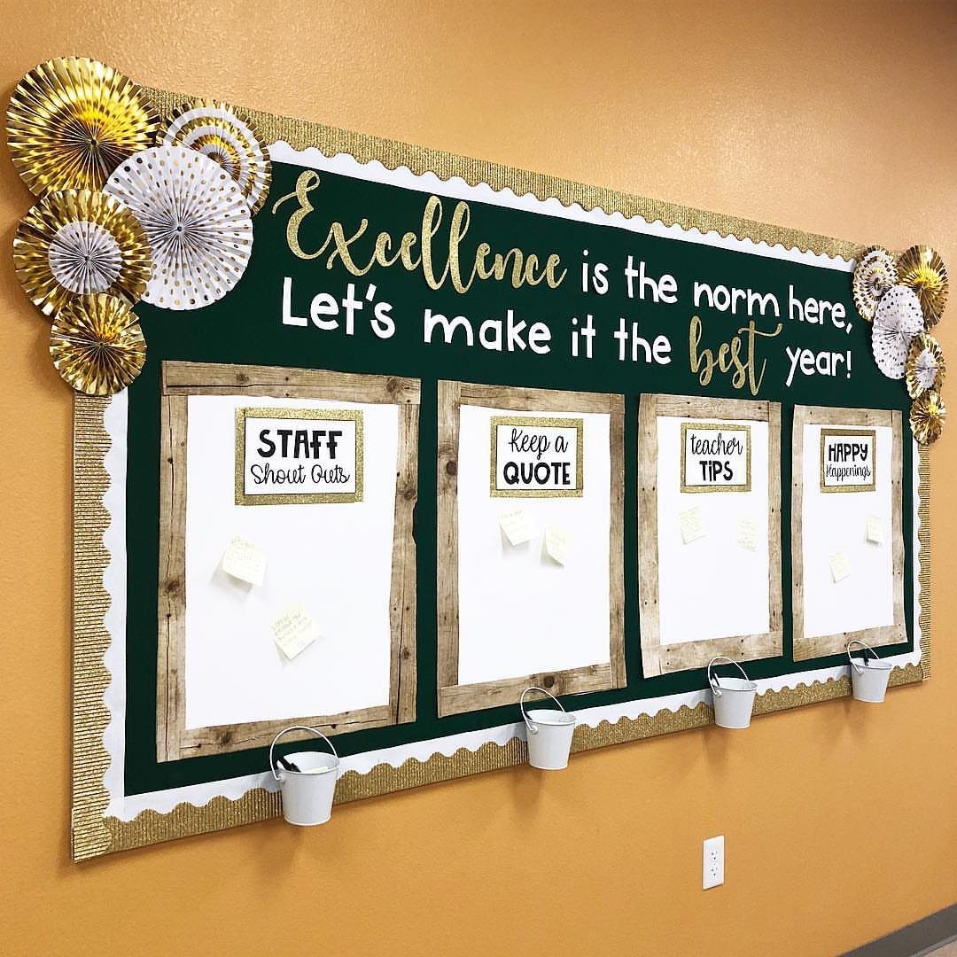 Green bulletin board with gold accents and white note sections on orange wall
