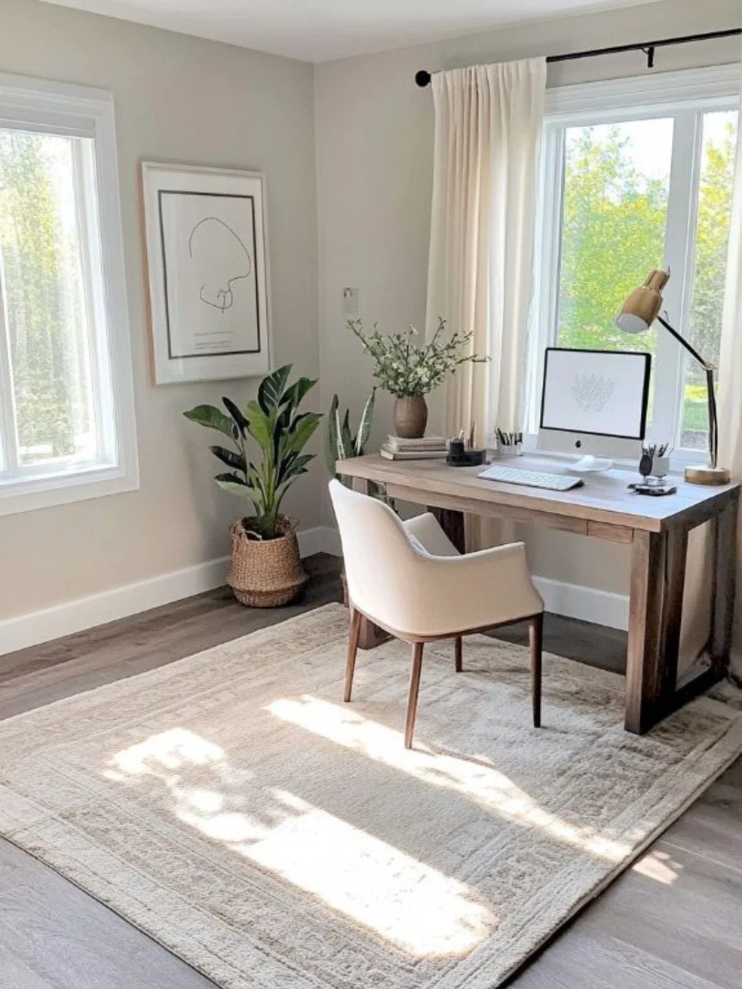 Light beige textured rug under a wooden desk in a bright home office