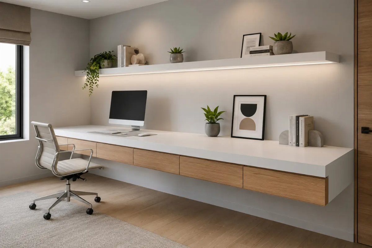 White floating desk with wooden drawers and a matching shelf in modern office