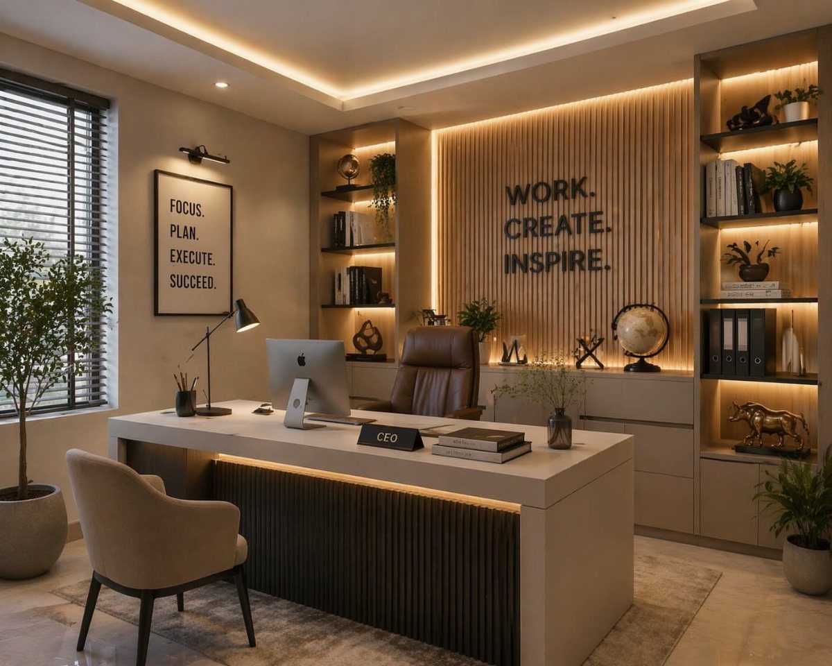Modern office space with a white desk, leather chair, and wood-slatted accent wall.