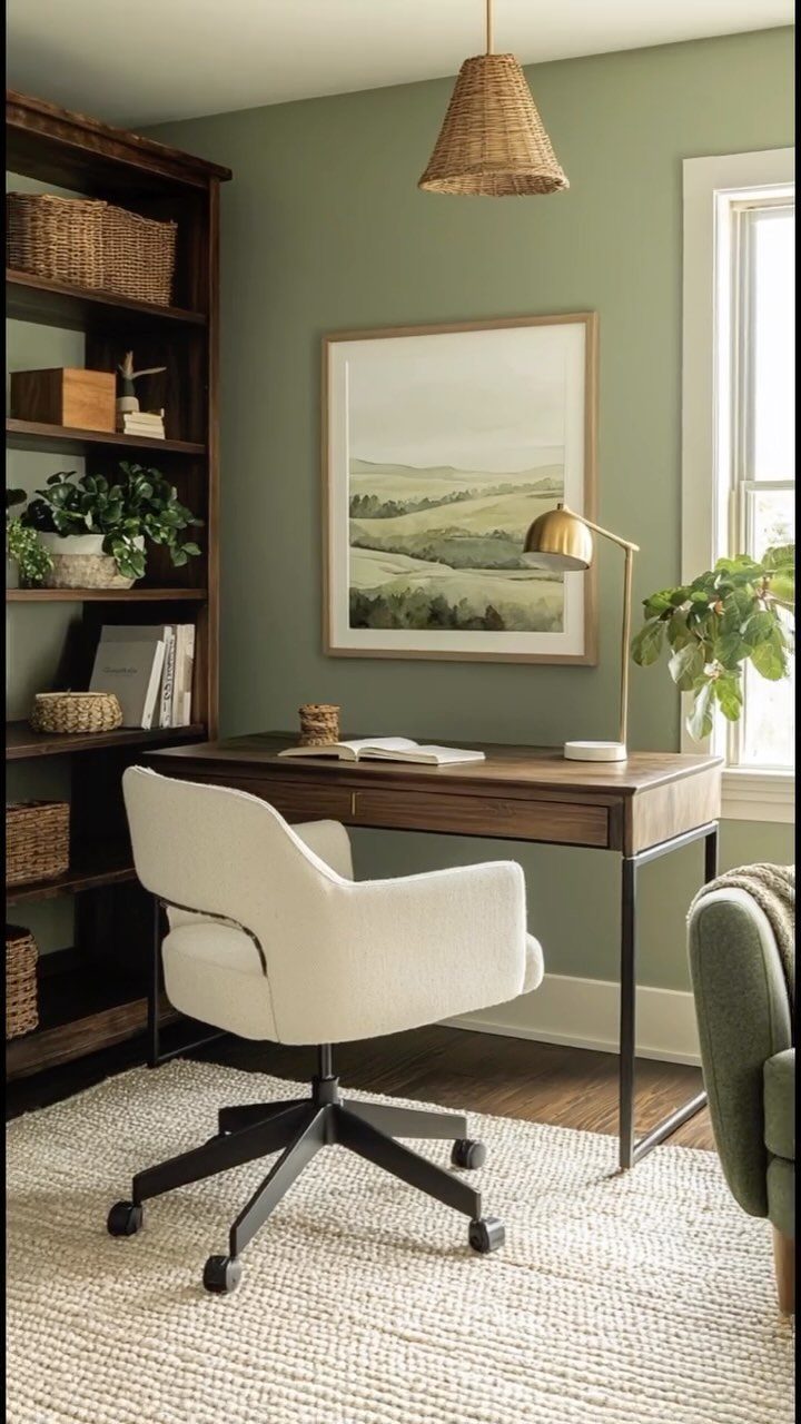 Sage green office with a wooden desk, landscape art, and indoor potted plants.