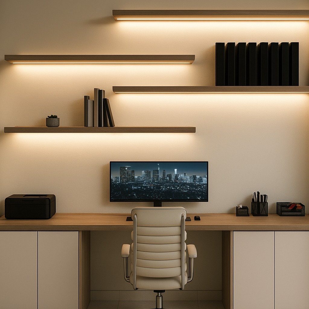 Wooden floating shelves with integrated lighting above a modern office desk and monitor