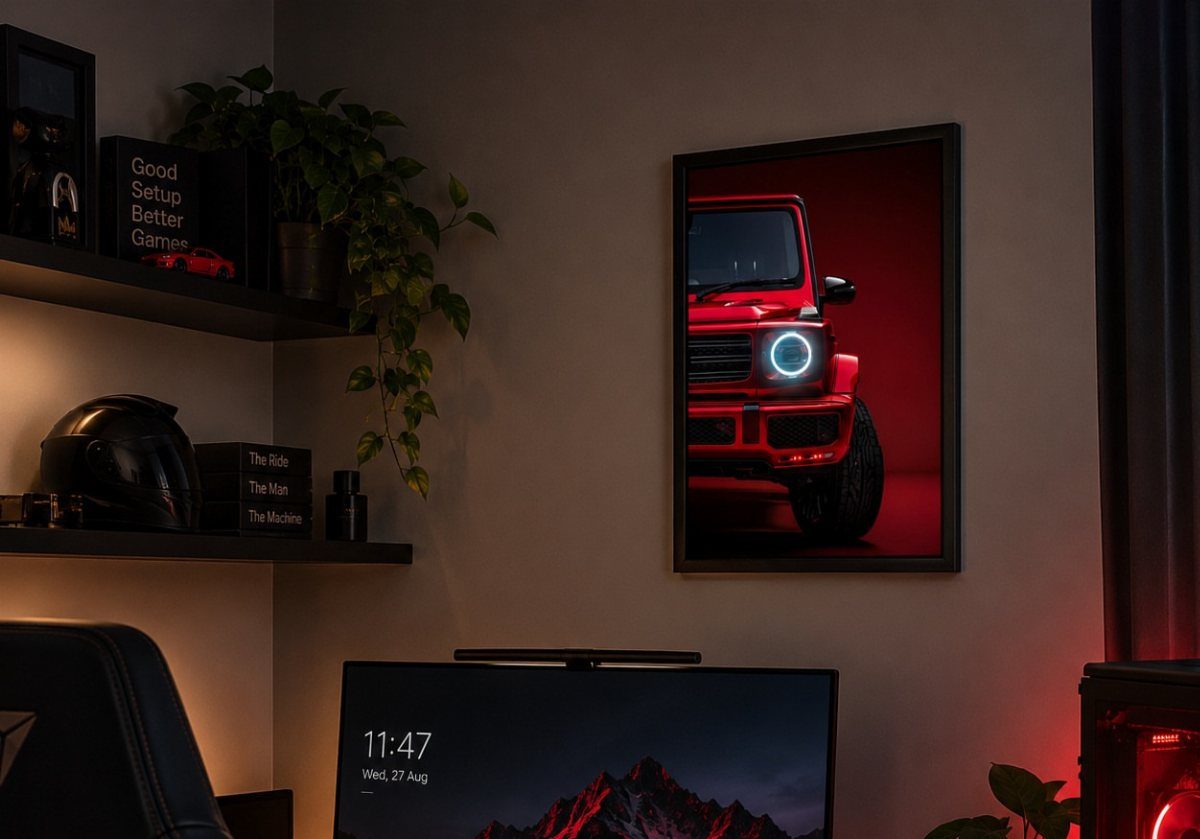 Framed red car art on a wall above a computer monitor and shelves.
