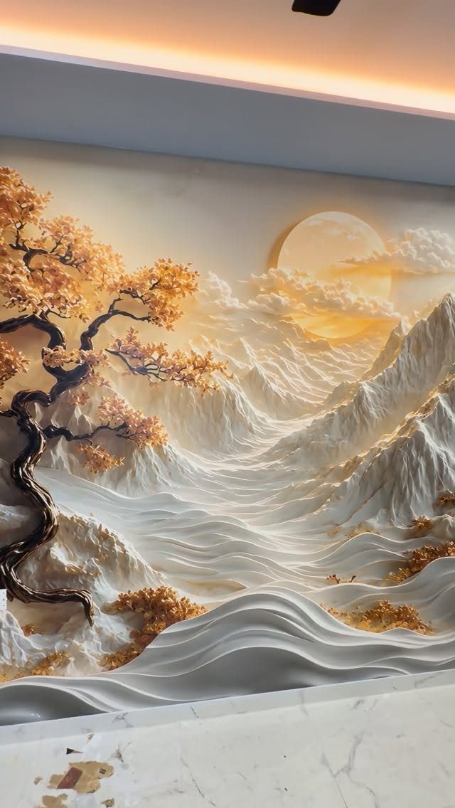 3D textured wall mural with a golden tree and white mountain landscape