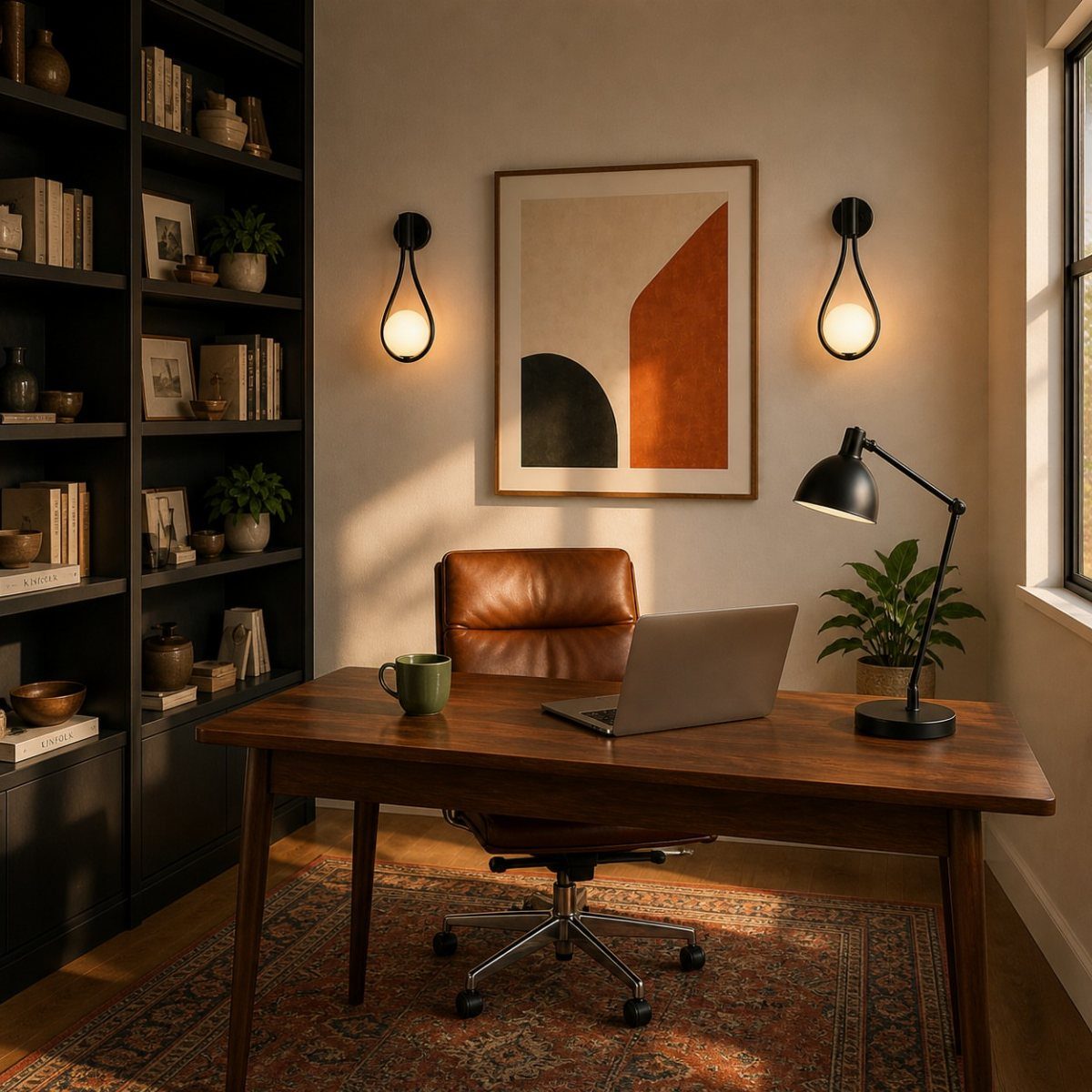 Two glowing wall sconces flanking abstract art above a wooden office desk