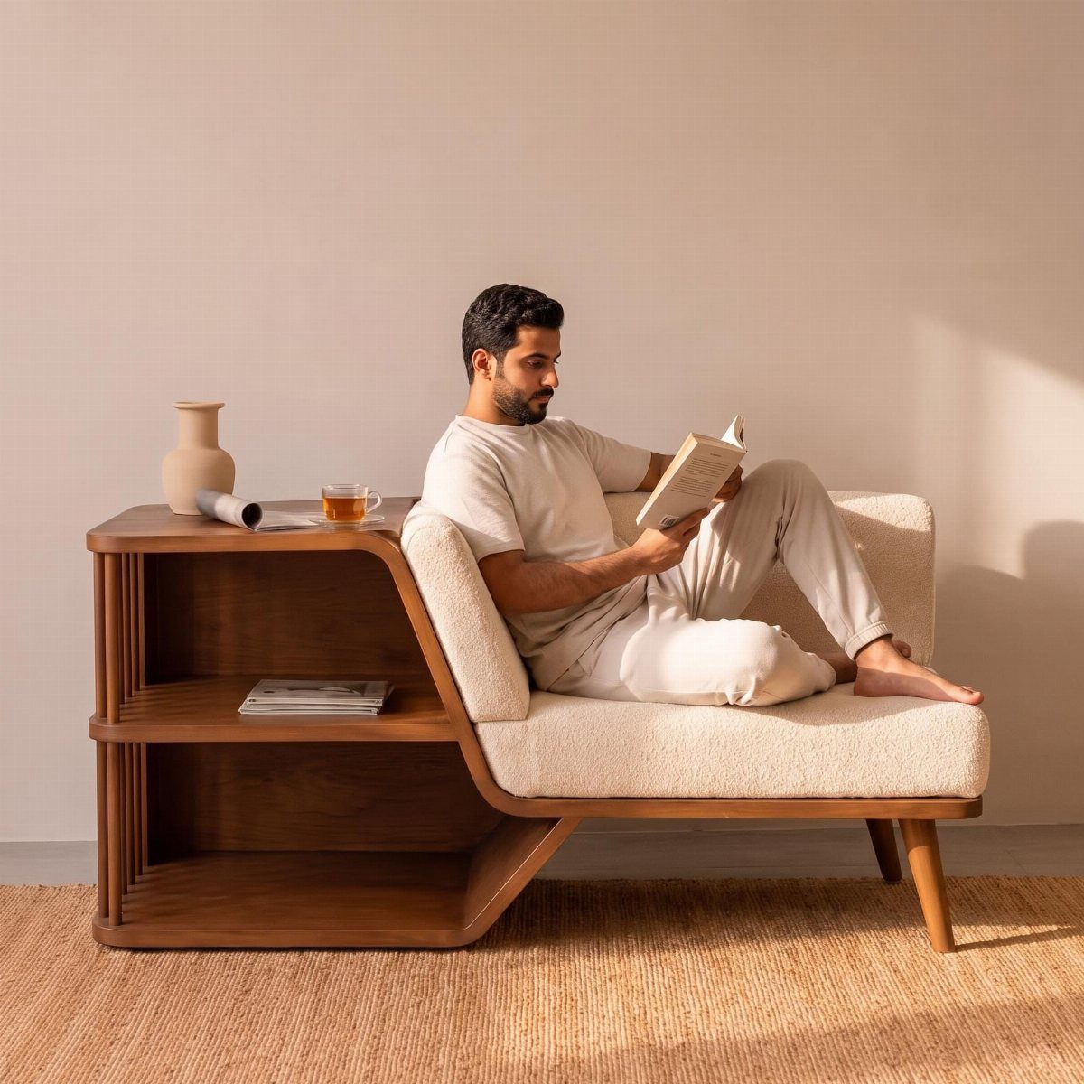 Man reading a book on a cream sofa with integrated curved wooden shelving.