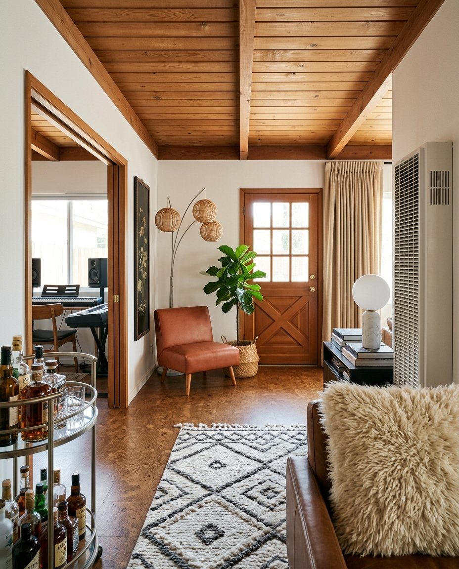 Mid-century modern living room with wood beams, leather seating, and textured woven rugs.