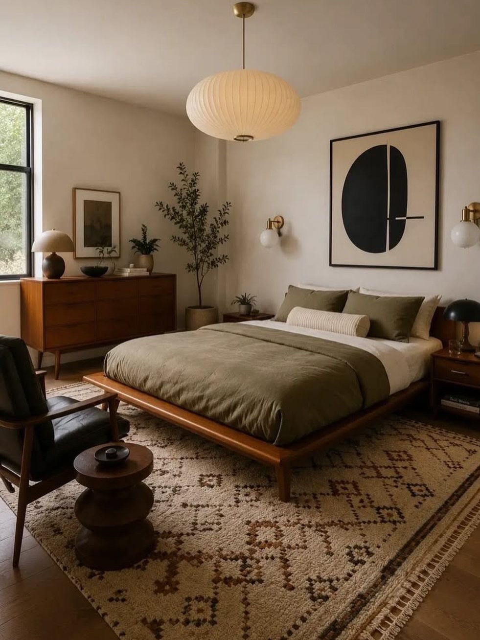 Mid-century modern bedroom with olive green bedding, wooden furniture, and a spherical pendant light.