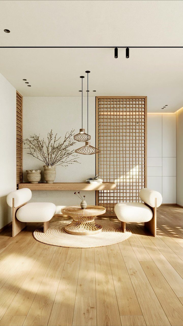 Minimalist living room with white curved chairs, wooden furniture, and light wood flooring.
