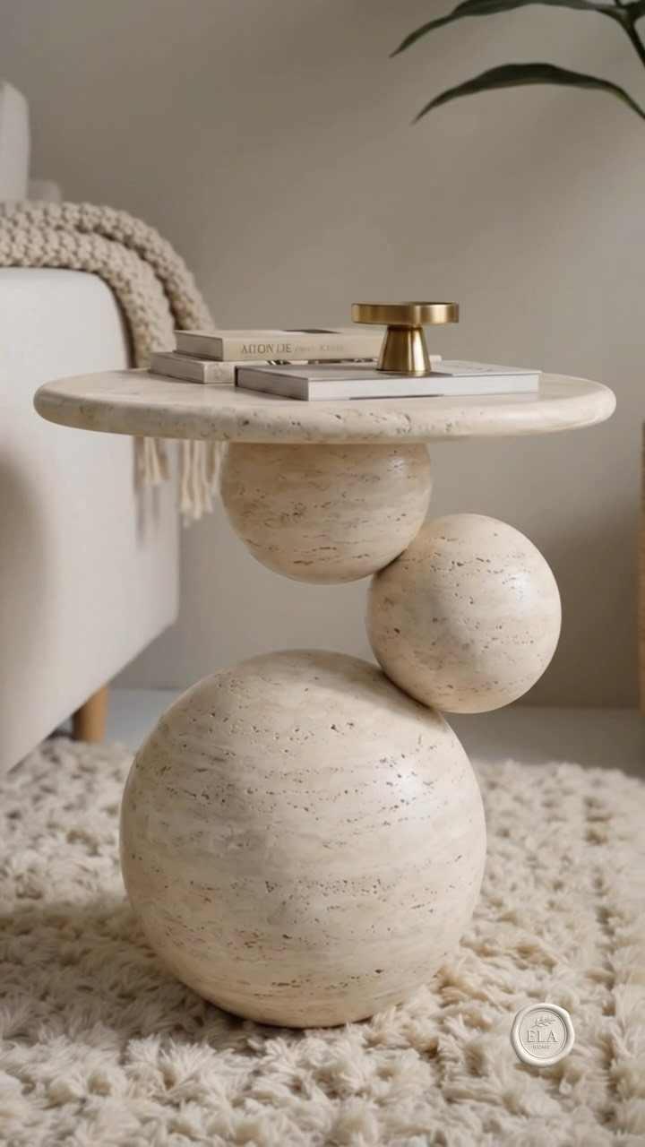 Travertine stone side table with spherical base on a white shag rug