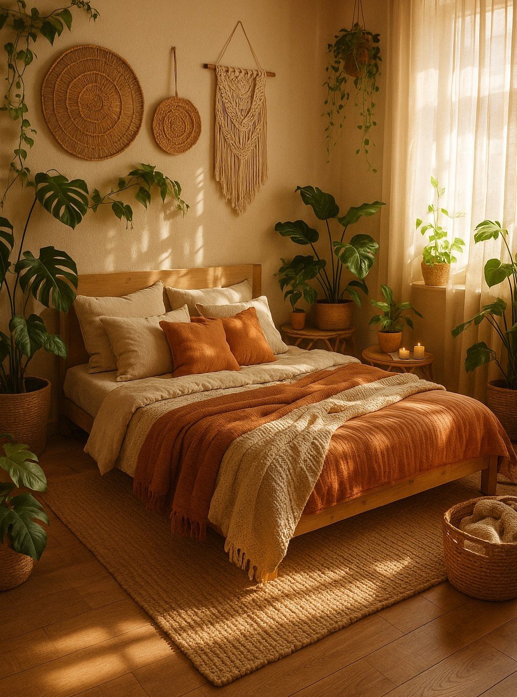Wooden bed with terracotta linens and jute rug in a sunlit, plant-filled room.