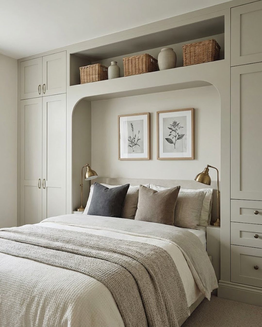 Two framed botanical prints hanging on the wall above a neutral bed alcove.