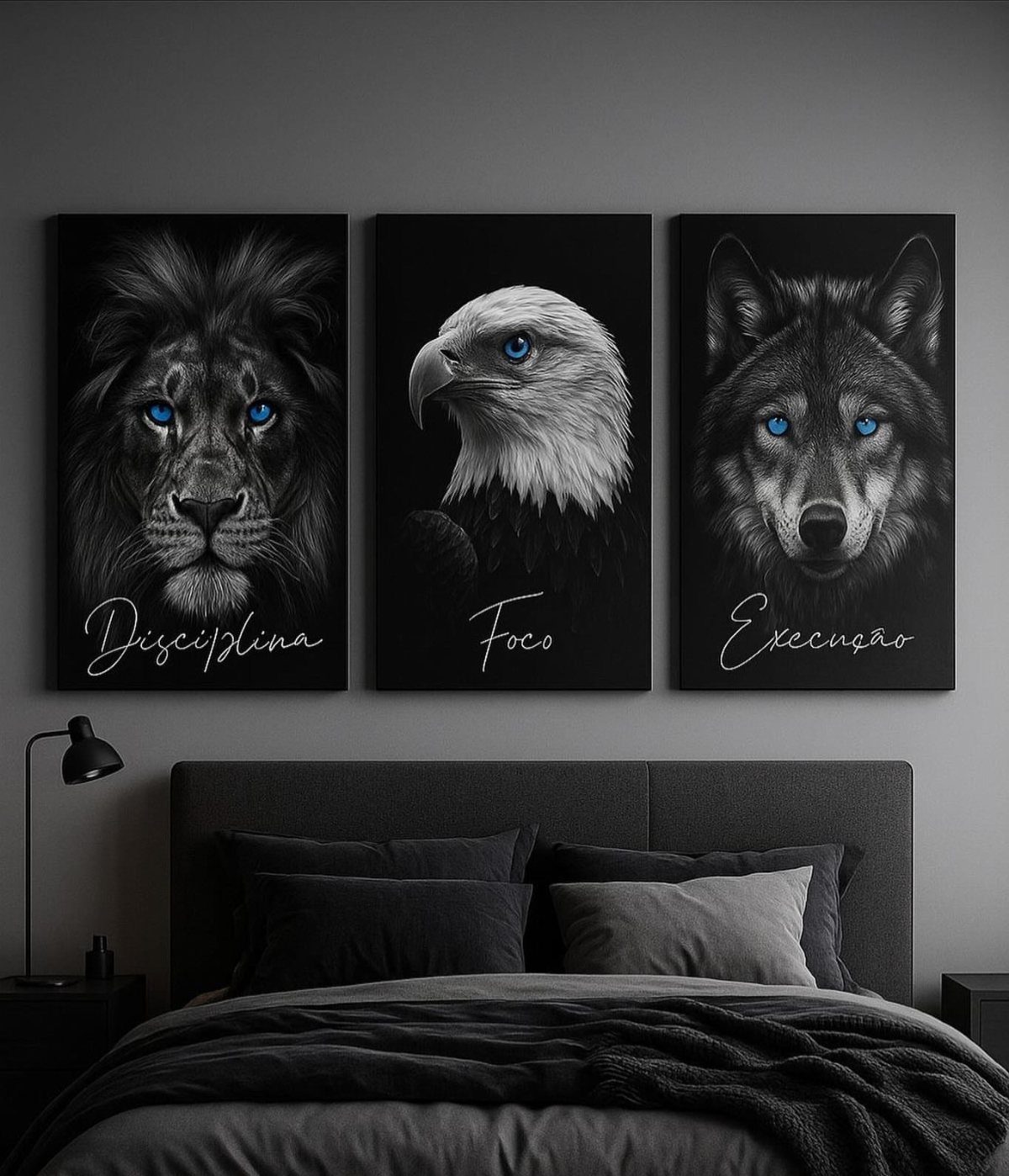Three large black animal portraits with blue eyes hanging above a grey bed.