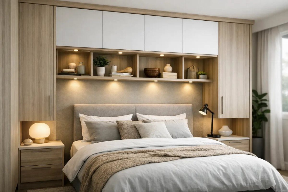 Built-in recessed storage with lighting and white cabinets above a neutral modern bed.