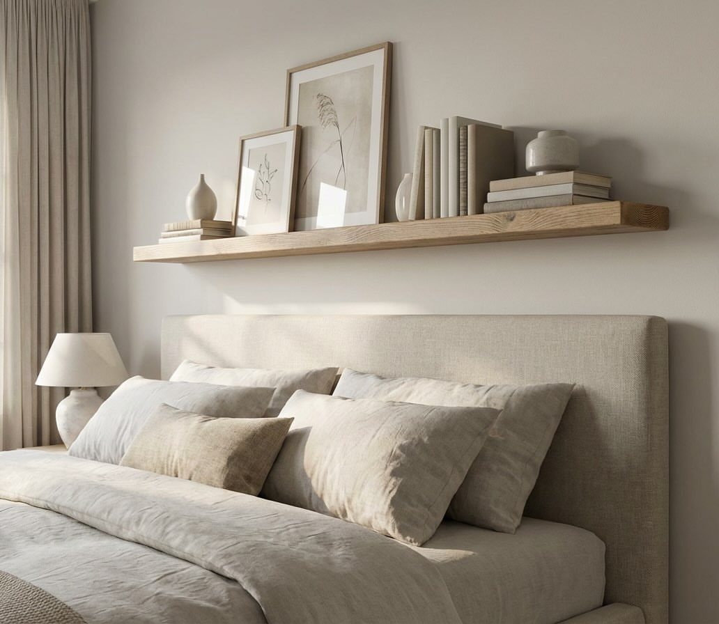 Wooden floating shelf above a bed holding framed art, books, and ceramic vases.