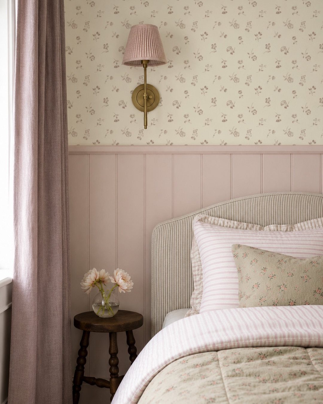 Floral printed wallpaper and pink paneling on a wall above a bed.