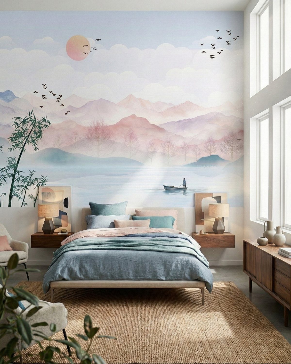 Bedroom with a large landscape wall mural featuring mountains and a sun above the bed