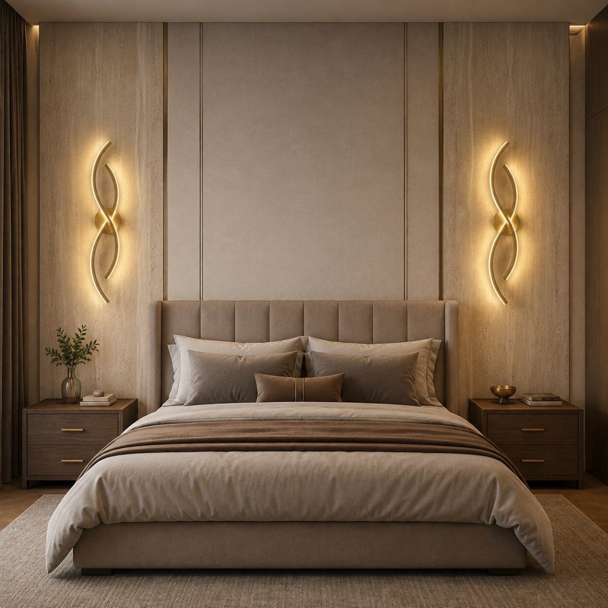Two gold curved wall sconces glowing on a beige wall above a bed.