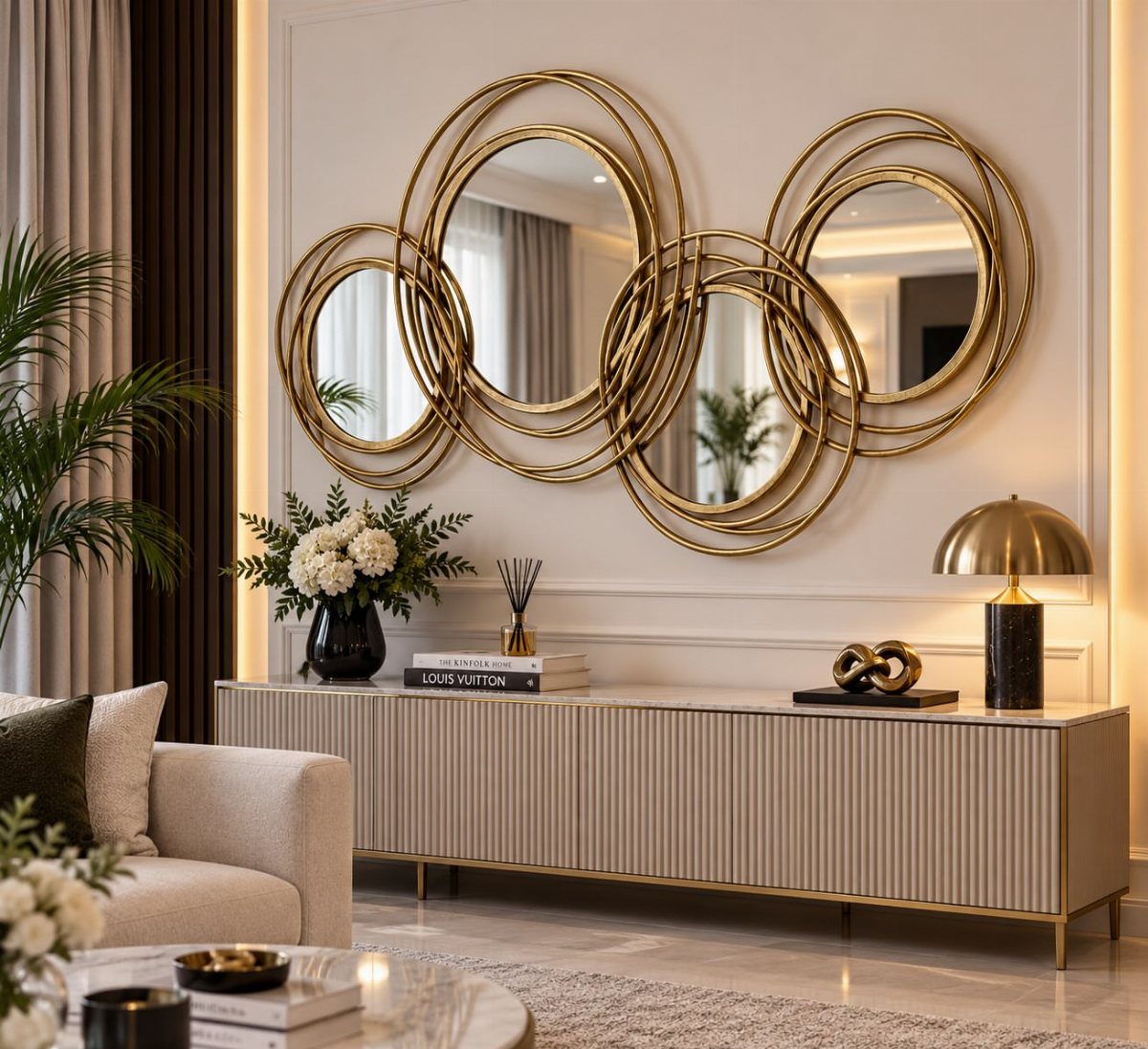 Four interlocking circular mirrors with gold frames hanging above a beige sideboard.