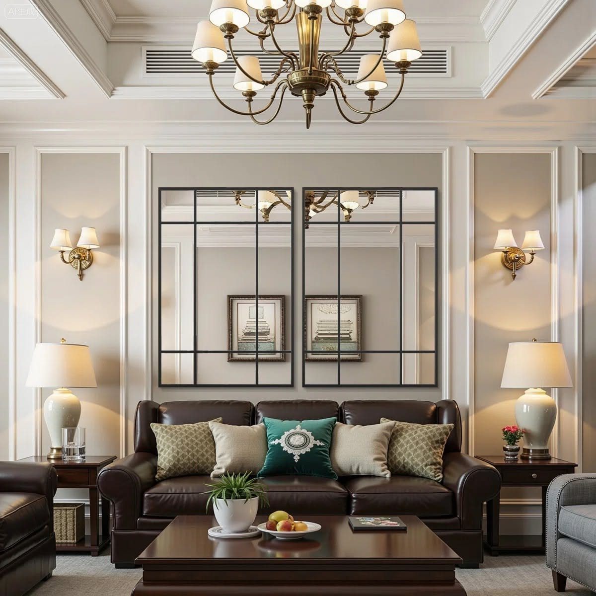 Two black grid-framed mirrors hanging on a white wall above a leather couch.