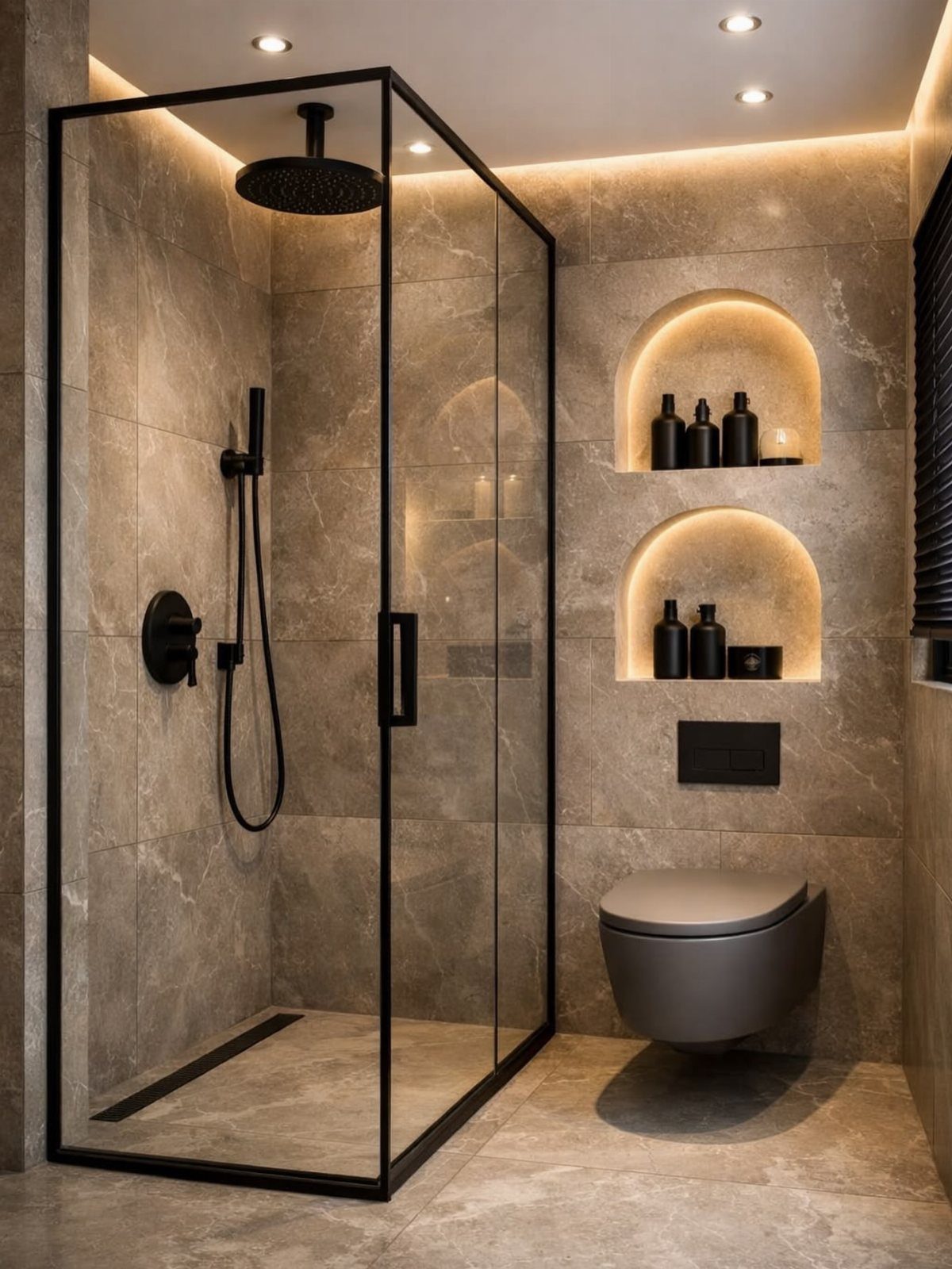 Modern bathroom with black shower frame and illuminated arched niches above the toilet