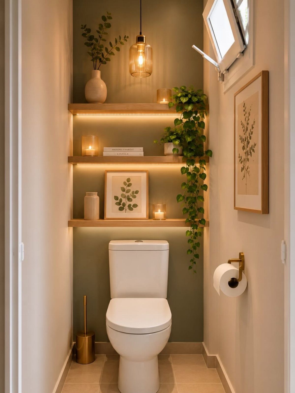 White toilet with wooden floating shelves holding plants and candles against green walls