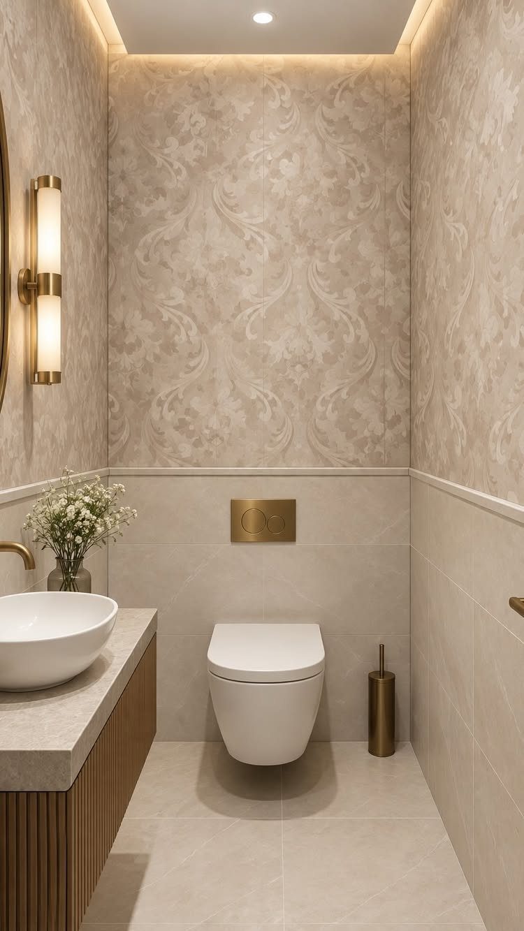 White wall-hung toilet in a bathroom with beige patterned wallpaper and marble walls.